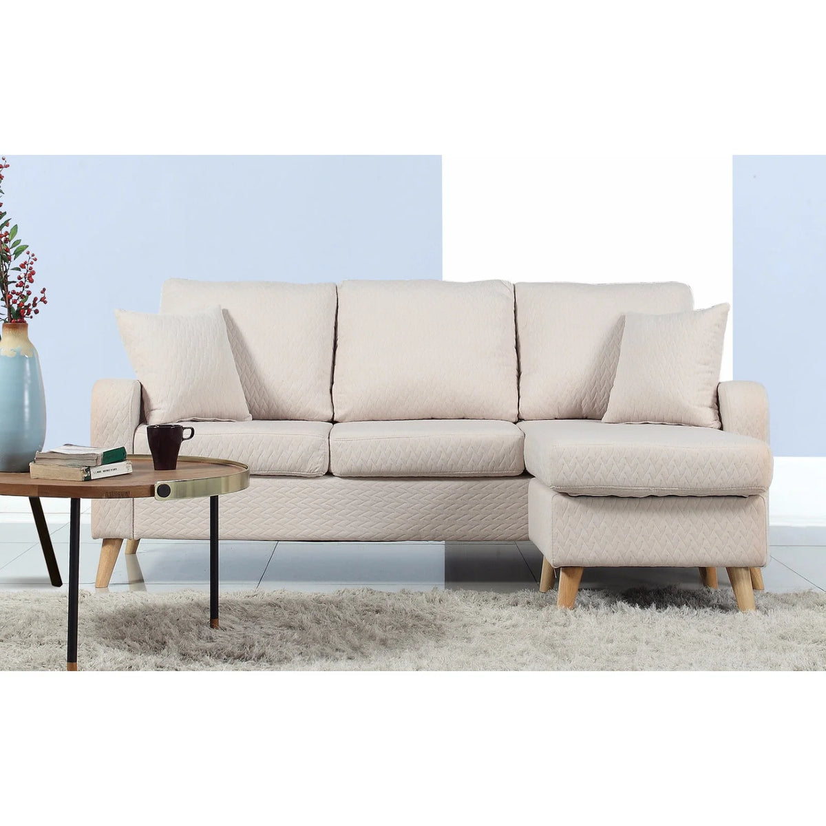 Dark Blue Linen Small Space Sectional Sofa with Reversible Chaise R63853