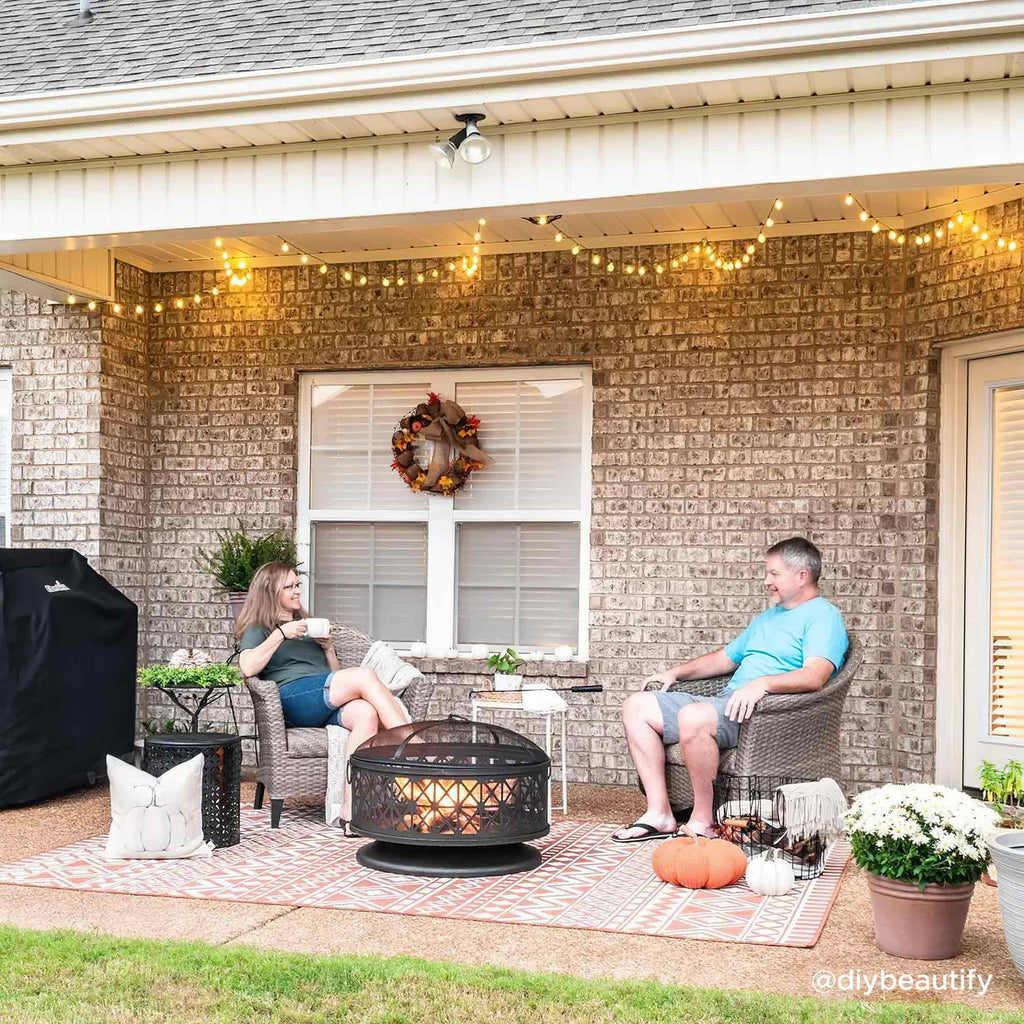 Black Round Steel Outdoor Fire Pit with Spark Screen and Fire Poker L295