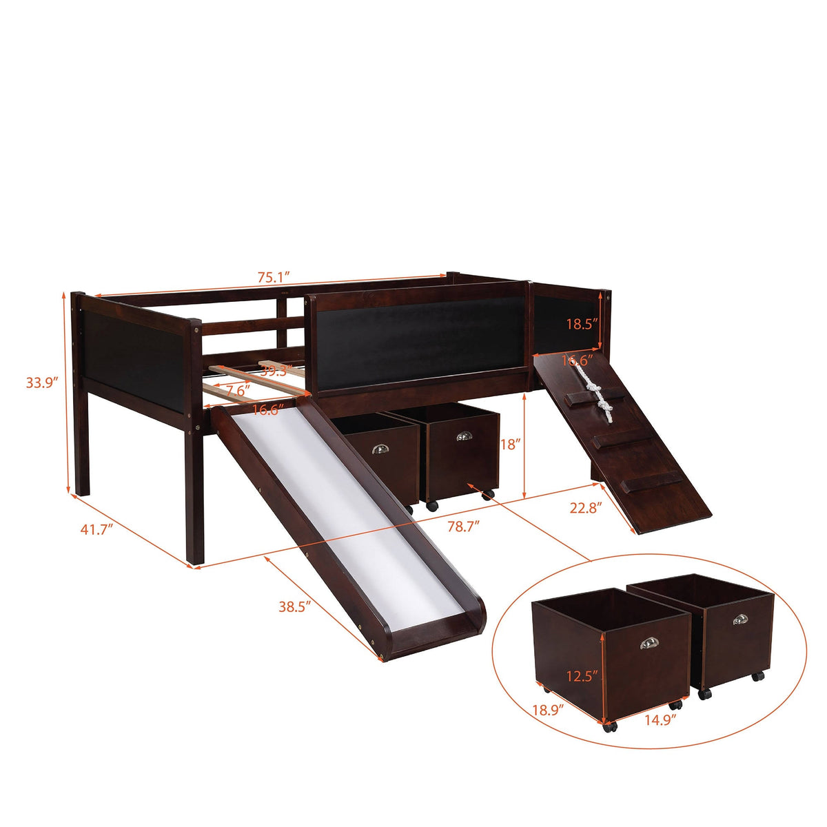 Espresso Pine Wood Twin Loft Bed with 2 Storage Boxes I437