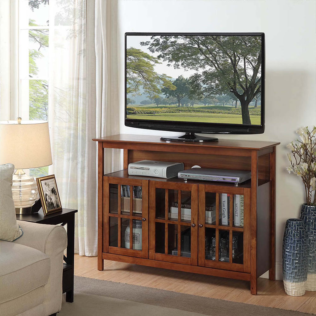 Dark Walnut TV Stand with Storage Cabinets and Shelf T4562