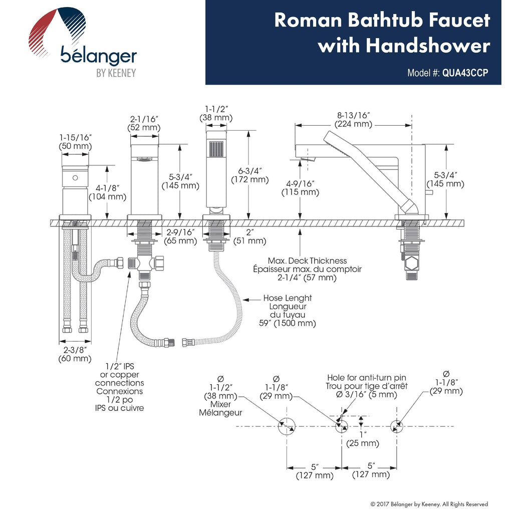 Single Handle Deck-Mount Roman Tub Filler with Hand Shower, Polished Chrome B90878