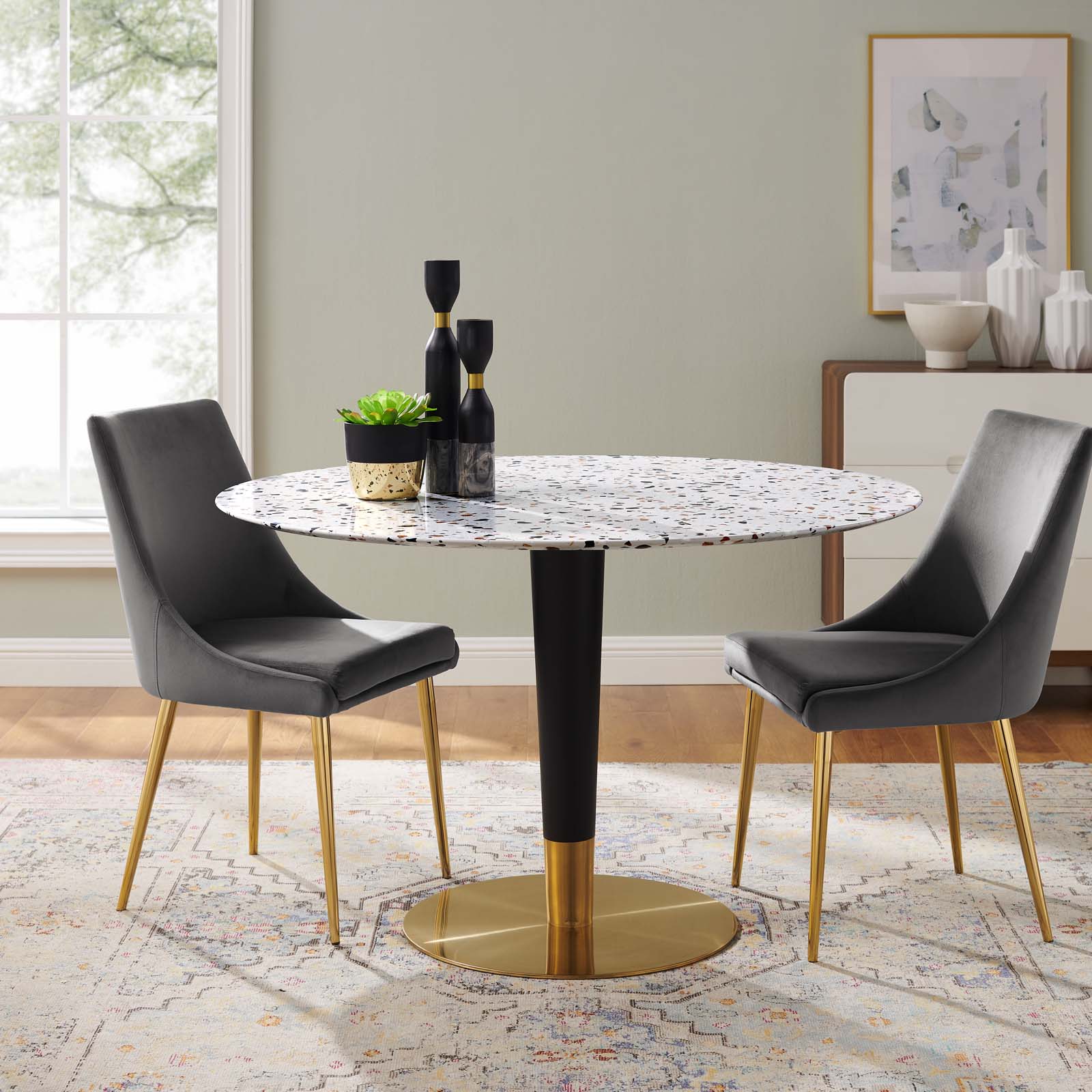 White Gold Round Wood Metal Dining Table Y255184
