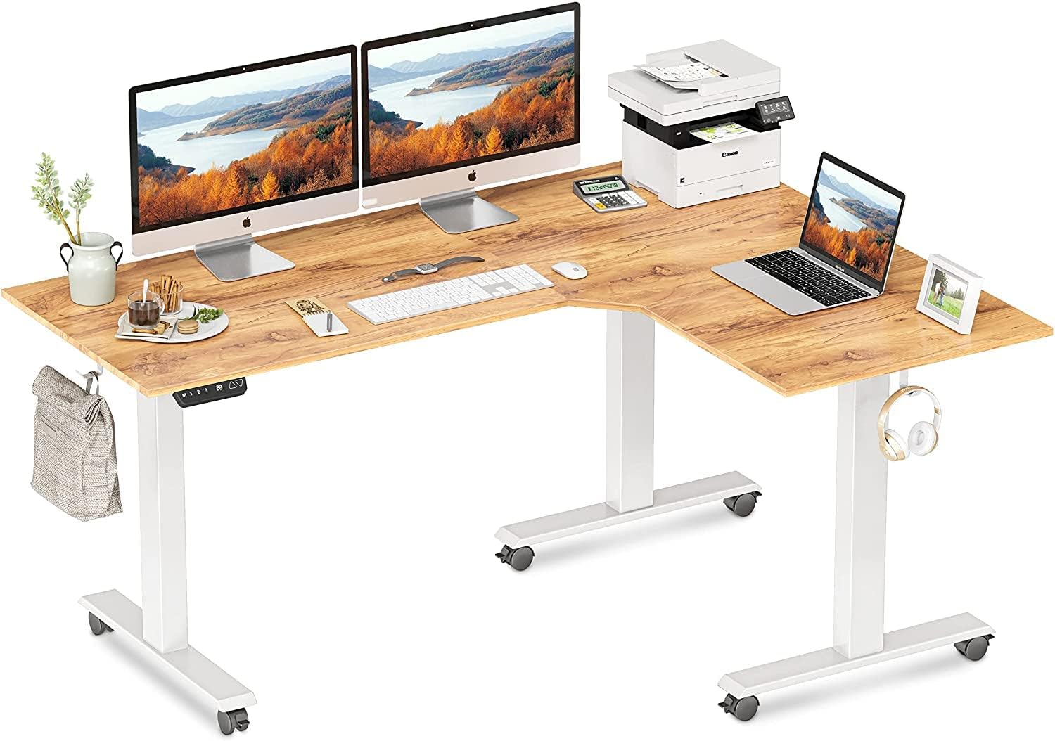 Triple Motor L-Shaped Electric Standing Desk, 63 inches Height Adjustable, Black Frame Rustic Brown Top O913273