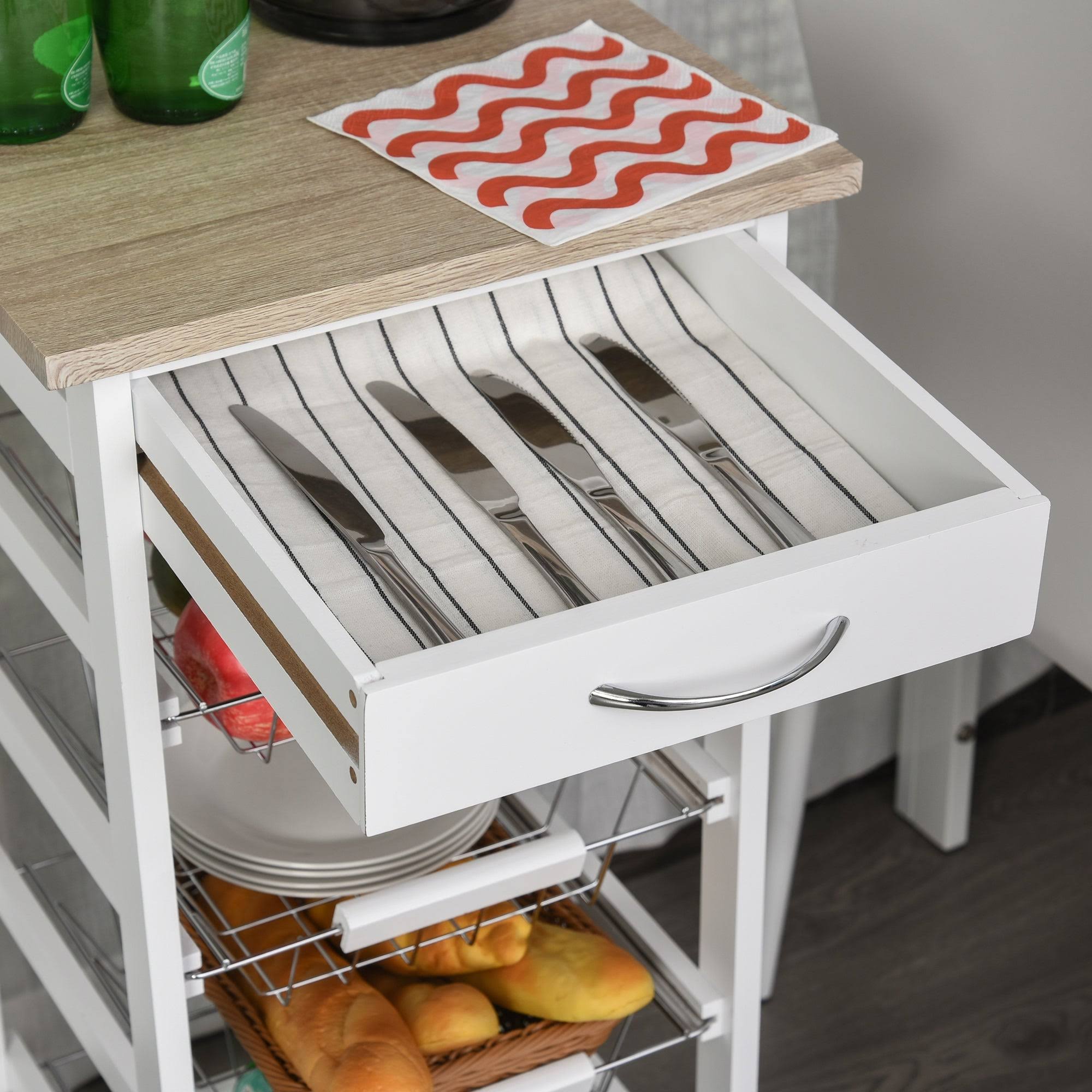 White Wooden Rolling Kitchen Storage Cart J51244