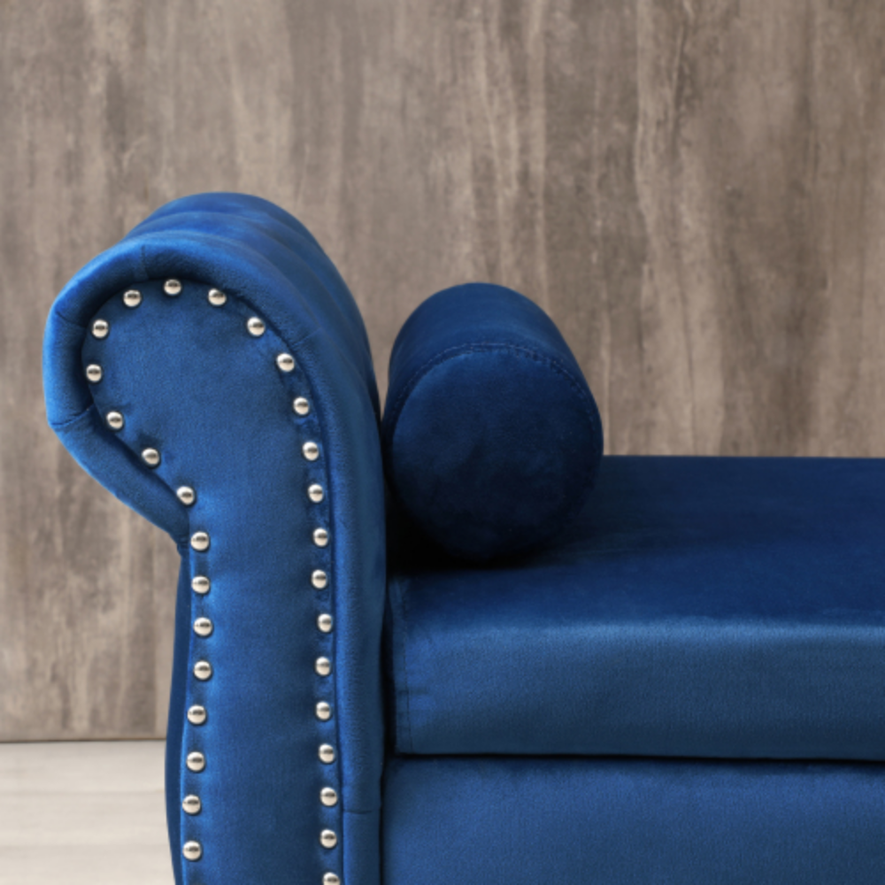 Blue Velvet Storage Bench Ottoman with Pillow I254