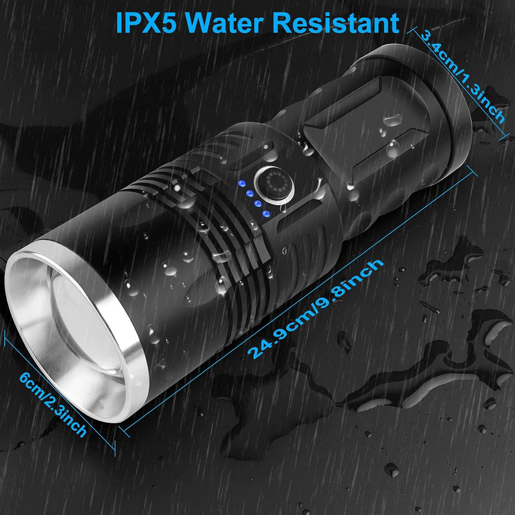 Rechargeable 100000 Lumens Tactical LED Flashlight with 3 Modes, 4 Batteries, Zoomable, IPX5 Waterproof W924