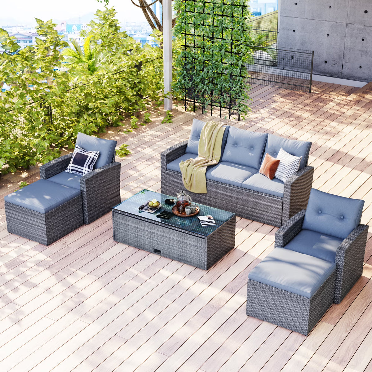 6-piece Wicker PE Rattan Patio Outdoor Dining Conversation Sectional Set with Coffee Table J781861