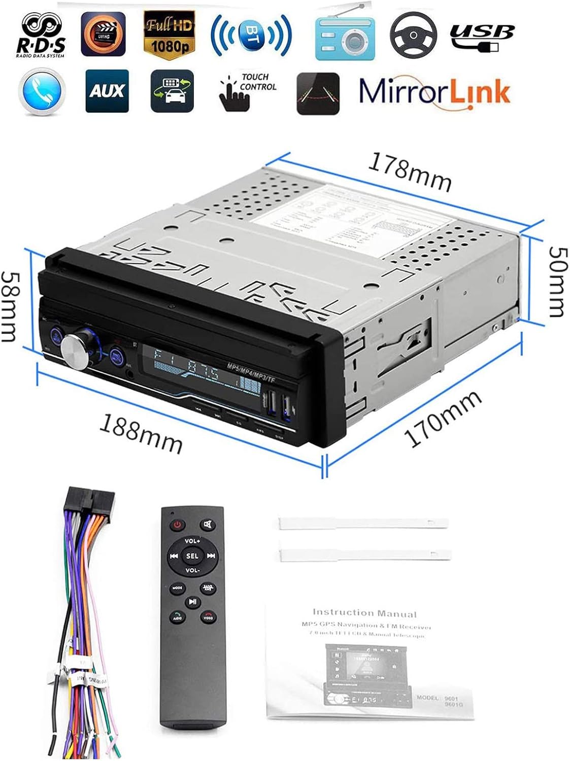 Single Din 7 inch Bluetooth Car Stereo with Retractable Touch Screen H499