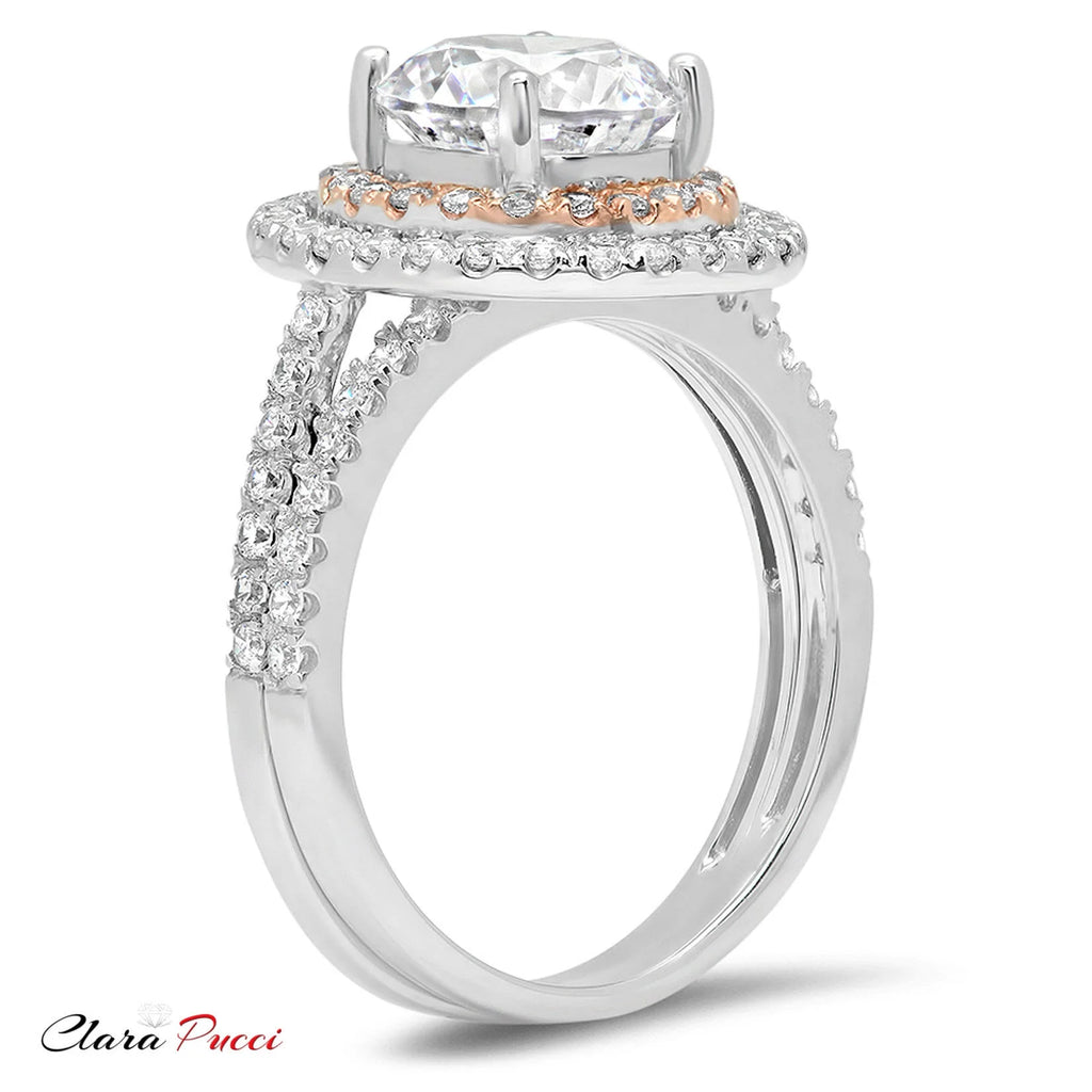 14K White Rose Gold Halo Diamond Engagement Ring Set size 7 D783