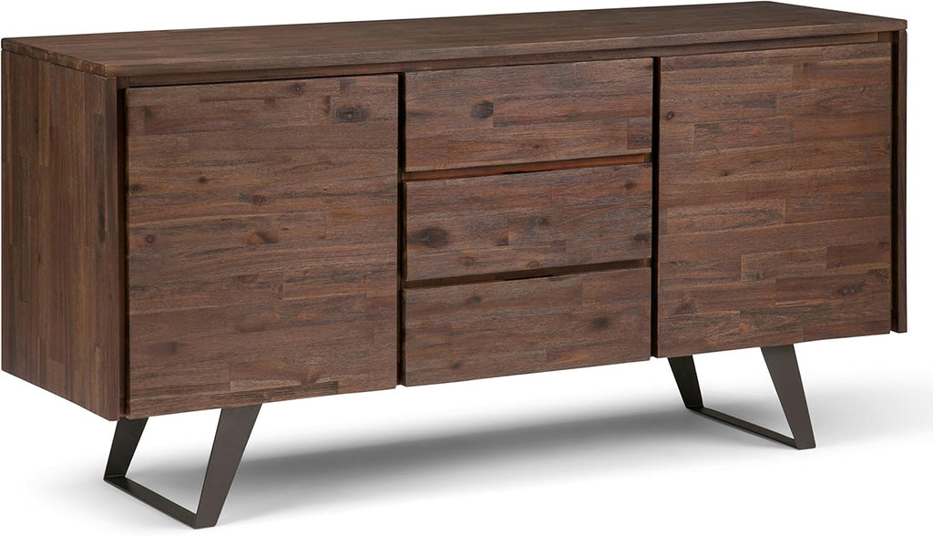 Rustic Natural Aged Brown Solid Acacia Wood and Metal Rectangle Sideboard Buffet with Storage Compartment and 3 Drawers E8801