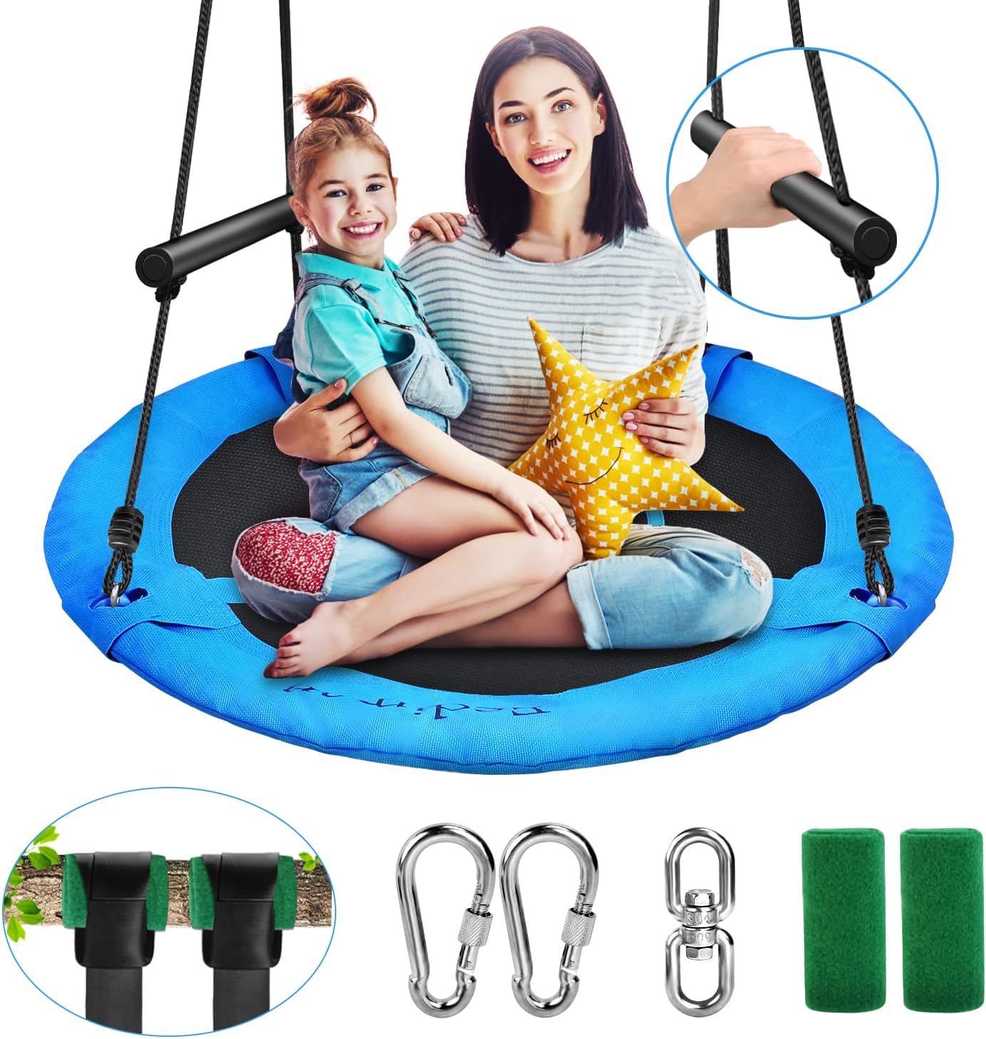 40 Textilene Ripstop Disk Swing with 2 Foam Handles, Steel Frame, 2 Carabiner, Swivel, Adjustable Ropes H627
