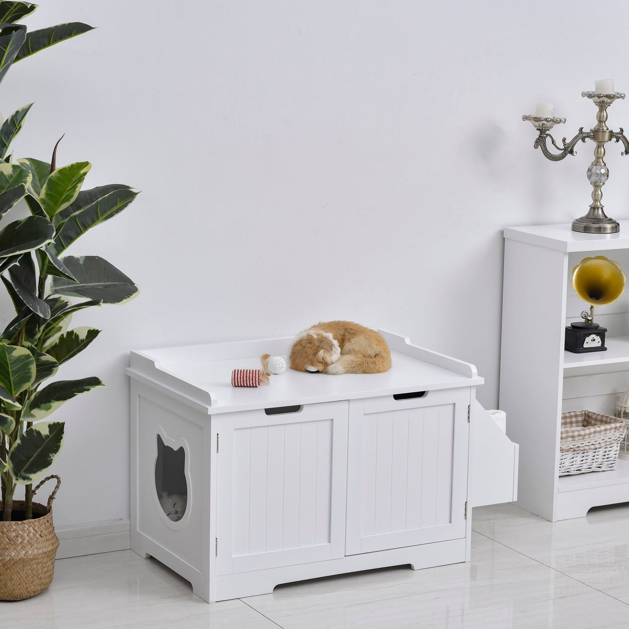 White Wooden Cat Litter Box Enclosure with Nightstand and Storage Rack Q473814