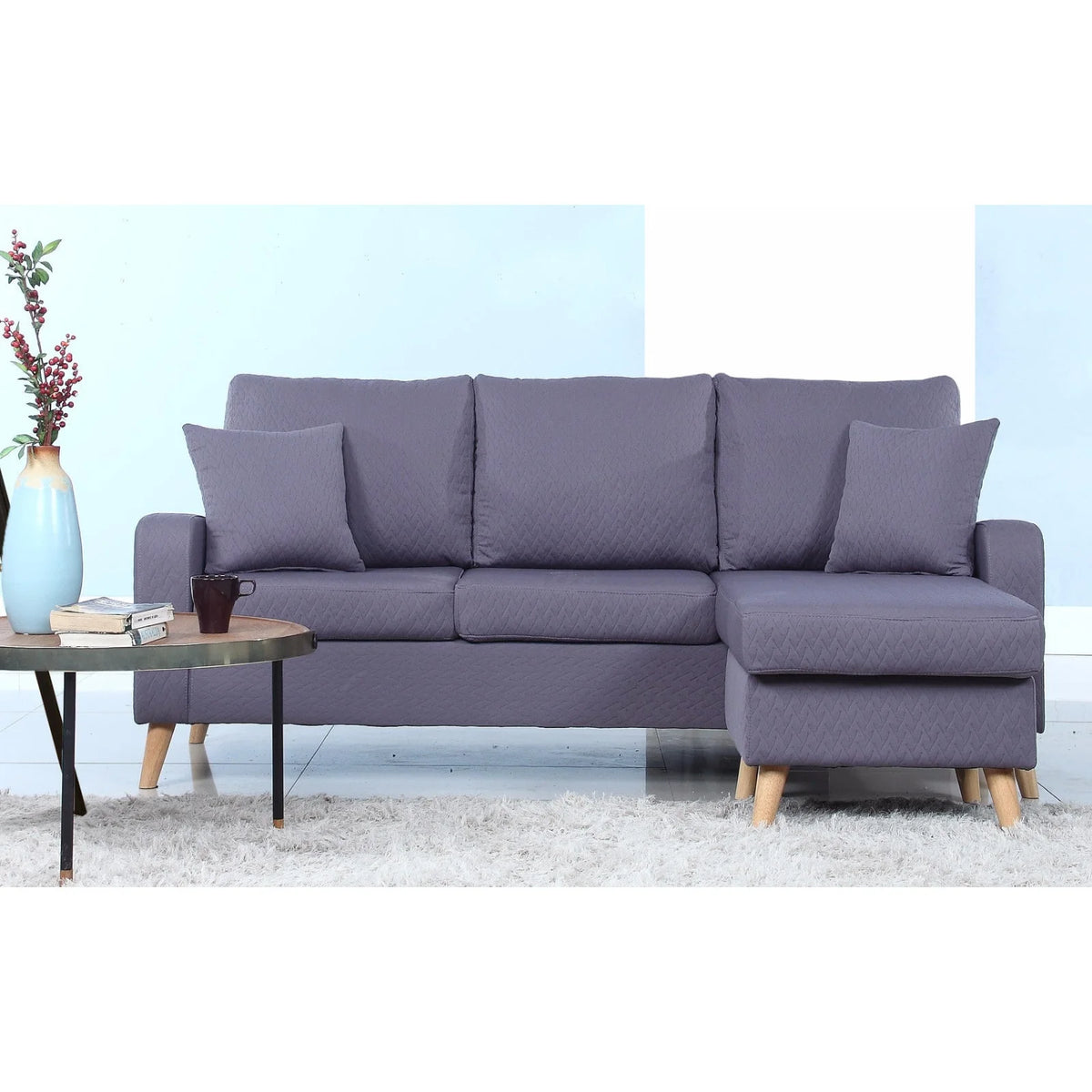 Dark Blue Linen Small Space Sectional Sofa with Reversible Chaise R63853