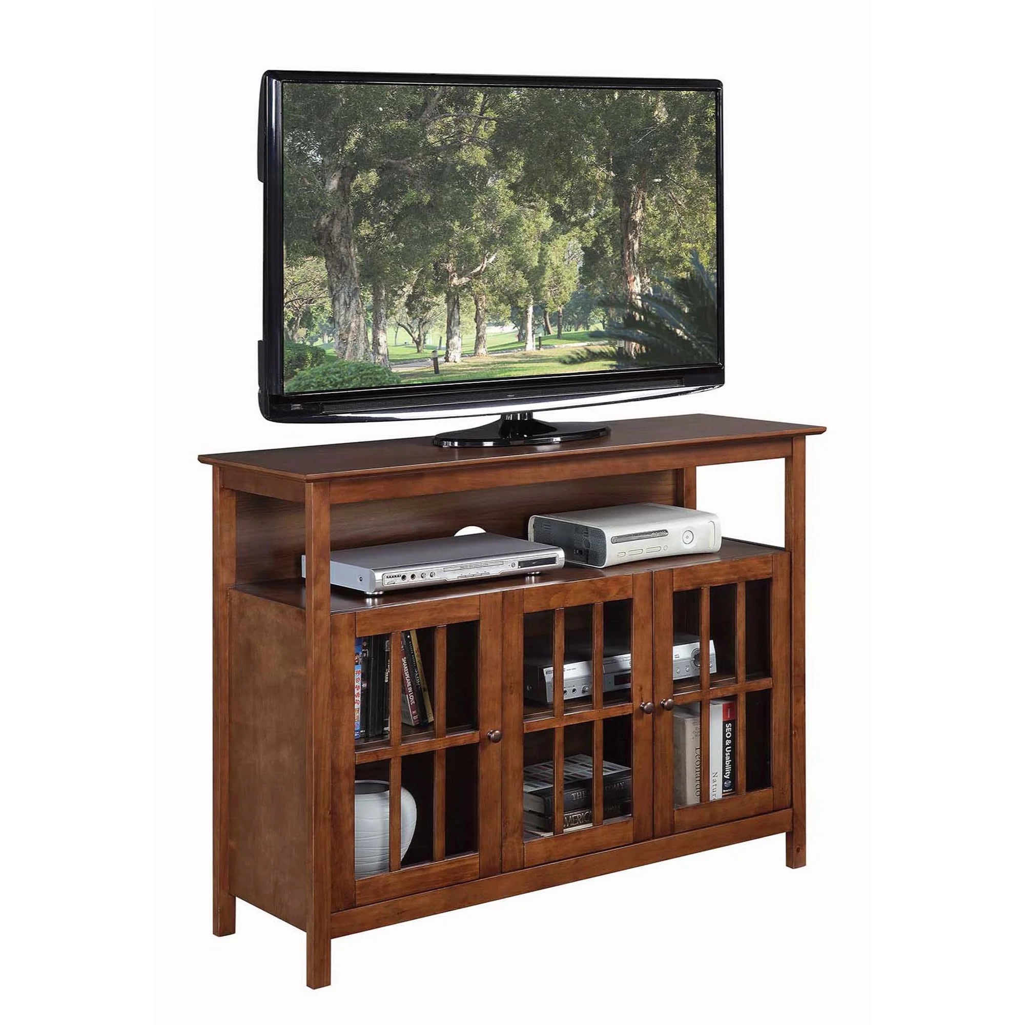 Dark Walnut TV Stand with Storage Cabinets and Shelf T4562