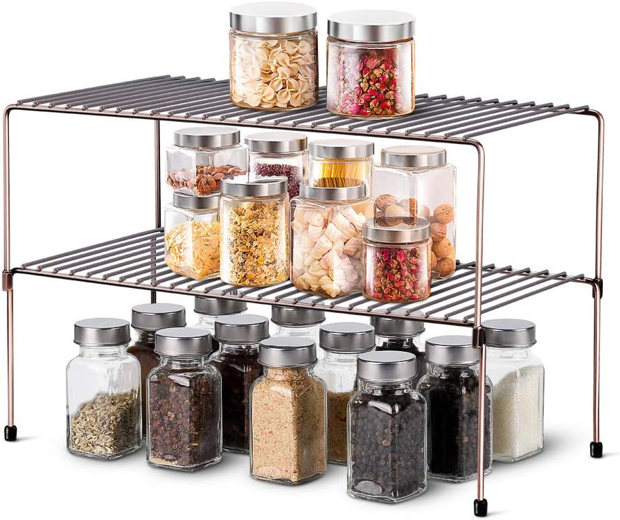 Set of 2 Stackable Expandable Storage Shelves with Anti-Slip Liners, Silver Q622