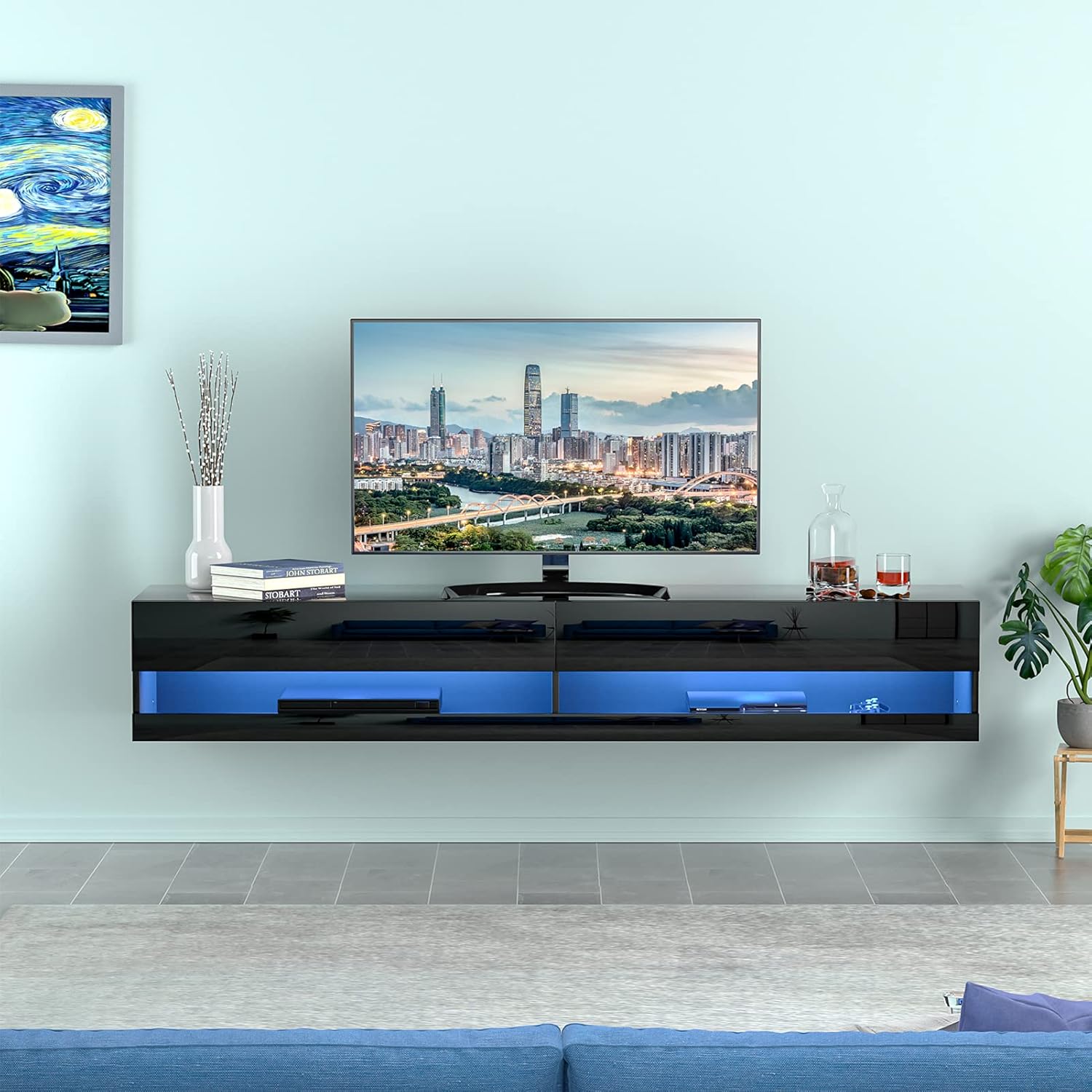 Floating TV Stand with RGB LED Light - 71 Inch High Glossy Wall Mounted Entertainment Center for 80 Inch TV Screen - Modern TV Cabinet - Media Console Table - Floating TV Shelf (Black) Z719