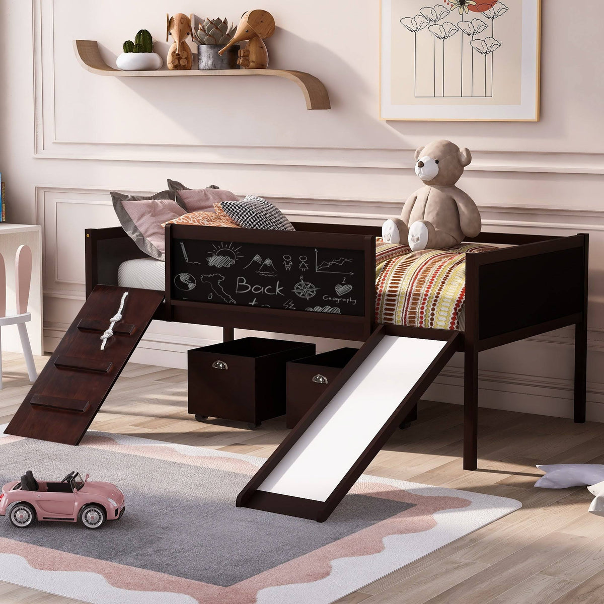 Espresso Pine Wood Twin Loft Bed with 2 Storage Boxes I437