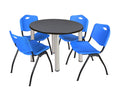 36x22 Round Breakroom Table Mocha Walnut Chrome 4 Stack Chairs Blue V837