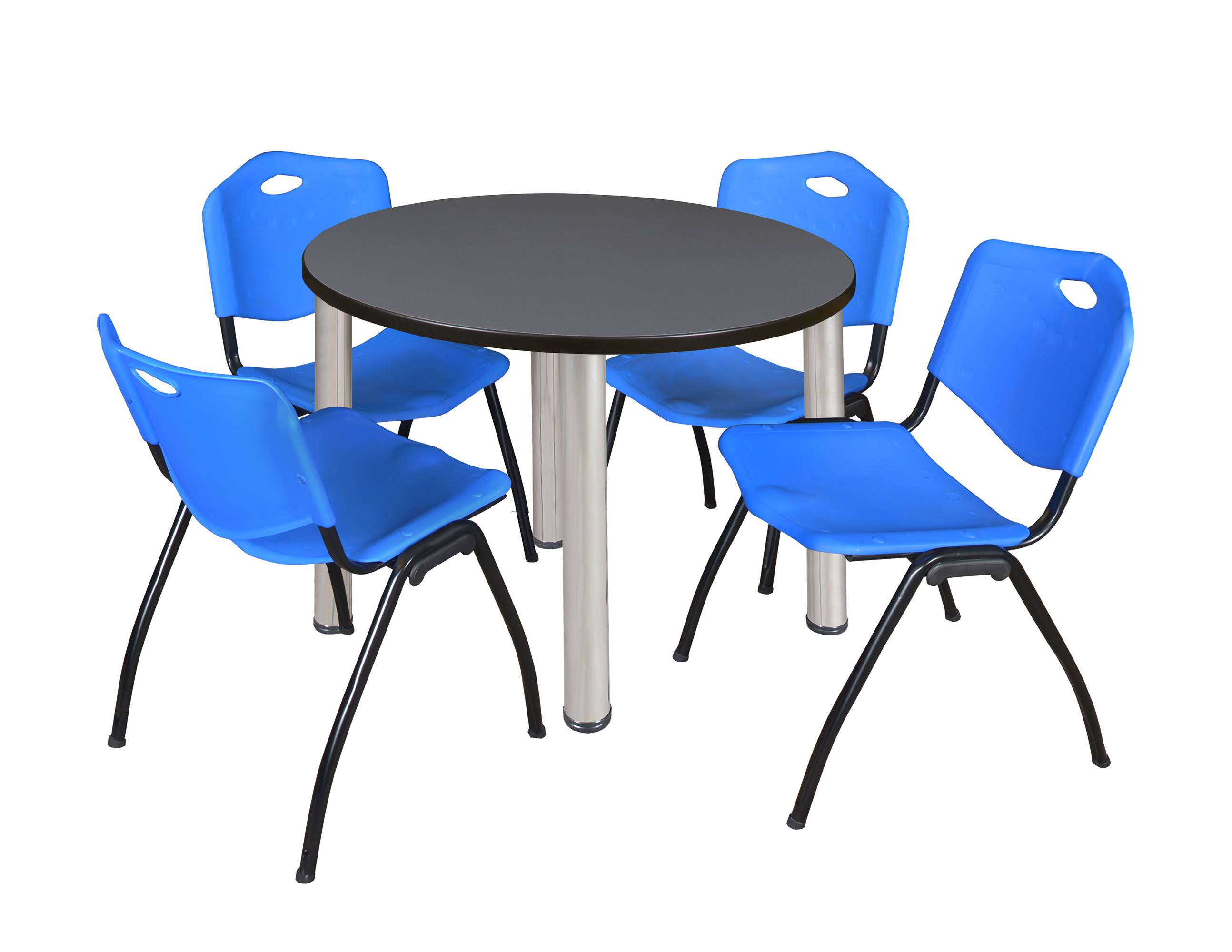36x22 Round Breakroom Table Mocha Walnut Chrome 4 Stack Chairs Blue V837