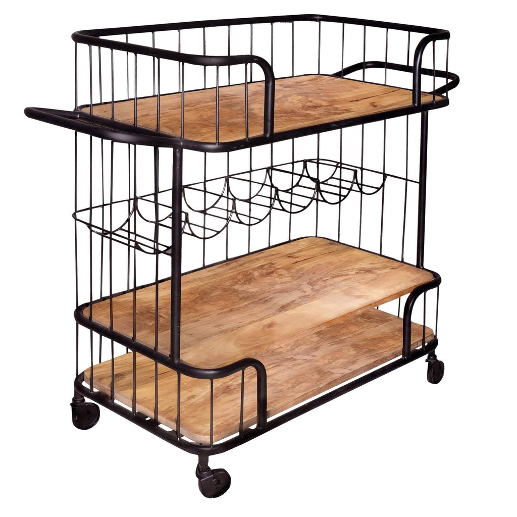 Black and Brown Metal Frame Bar Cart with Wooden Top and 2 Shelves F60342