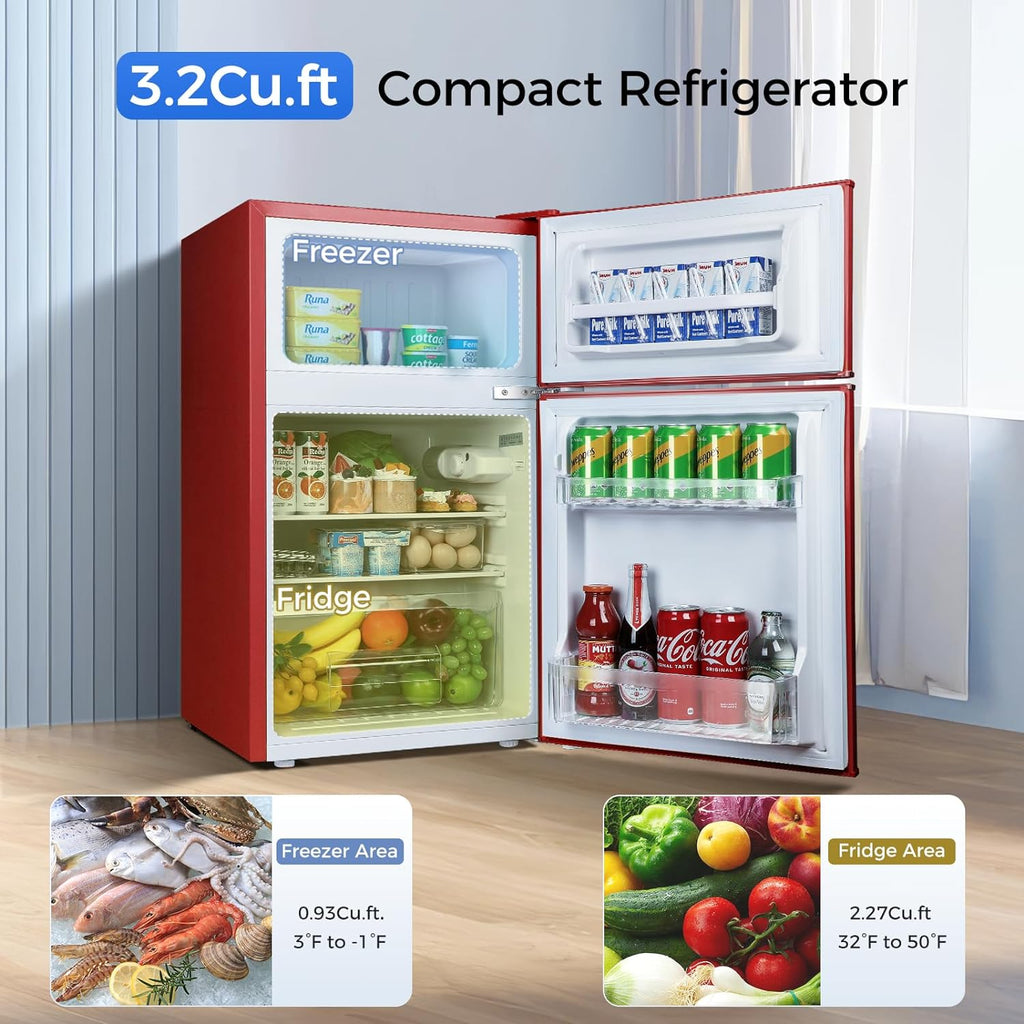 Retro Red 3.2 Cu.Ft Compact Double Door Mini Refrigerator with Freezer U3626