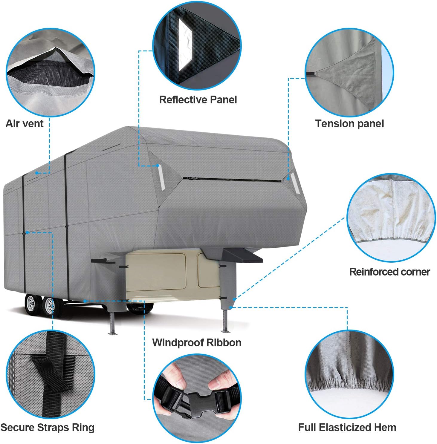 5th Wheel RV Cover 3-Ply Ripstop Waterproof with Steel Pole T7492