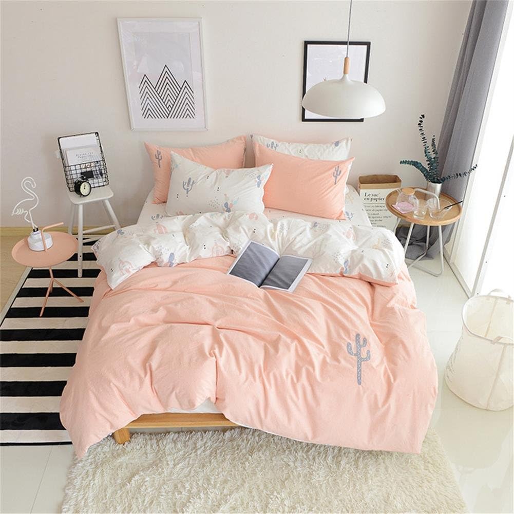 Twin Cotton Embroidered Cactus Reversible Duvet Cover Set with Zipper Closure S9340