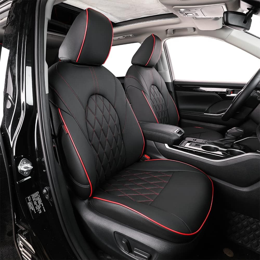 Custom Fit Full Set Car Seat Covers, Three Rows, Leatherette, Black with Red Trim E9811