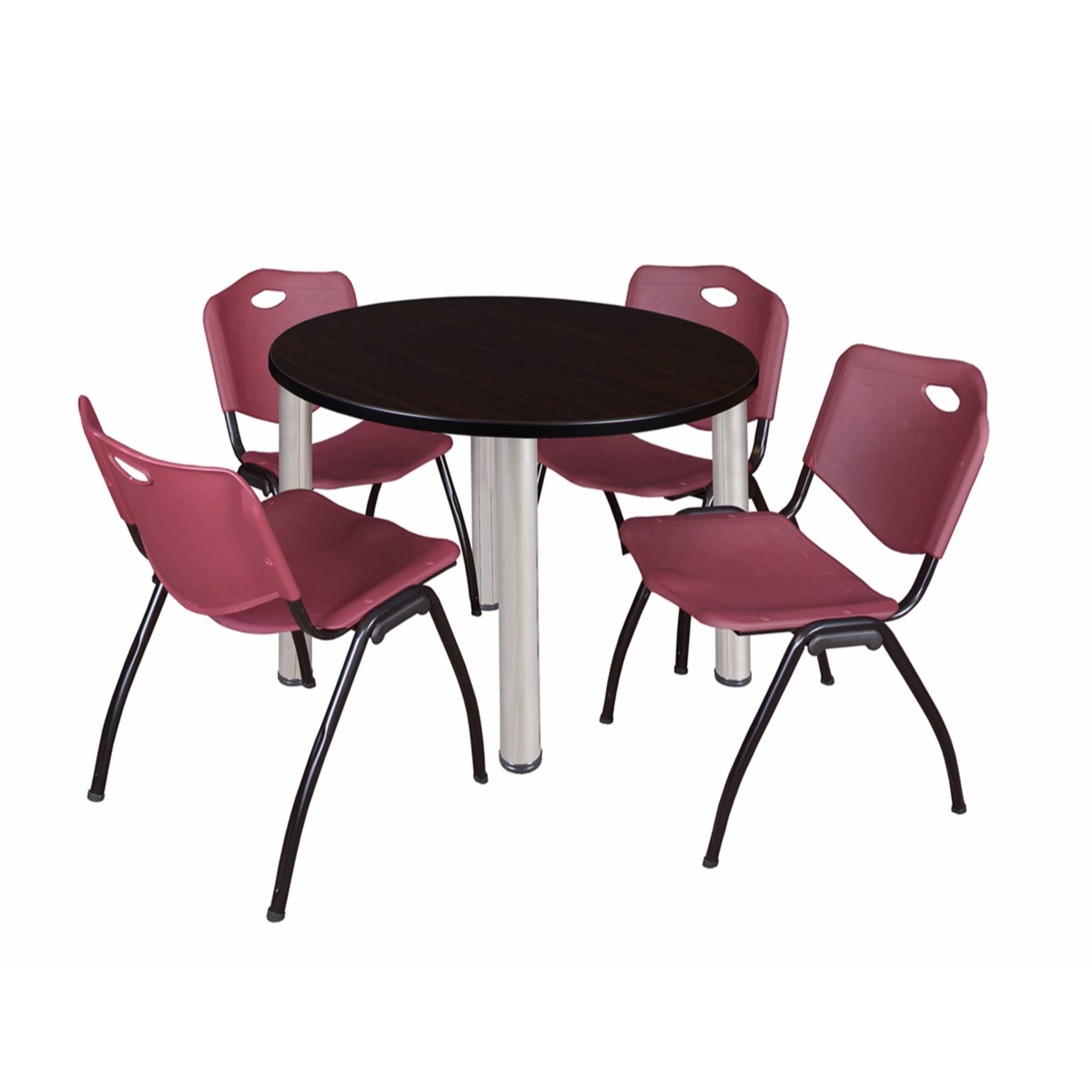 36x22 Round Breakroom Table Mocha Walnut Chrome 4 Stack Chairs Blue V837