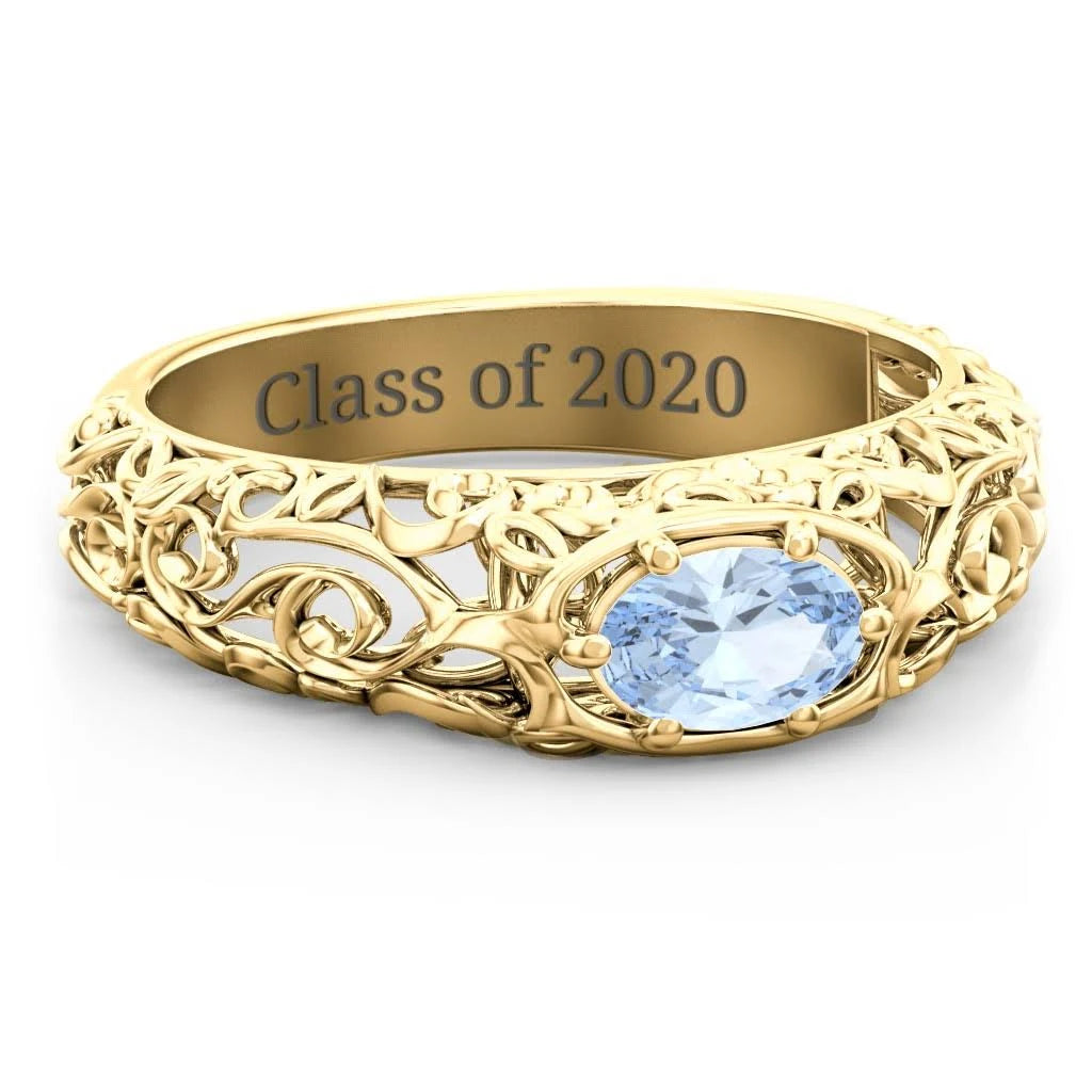 10K Yellow Gold Vintage Graduation Ring with Aquamarine Stone P294