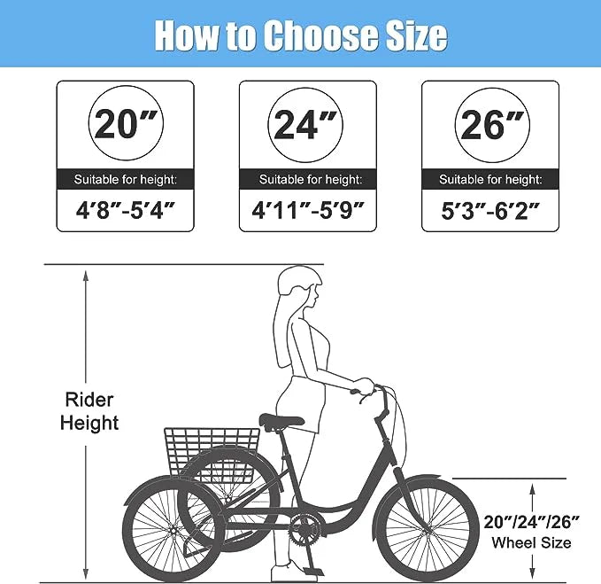 Adult Tricycles 7 Speed 20/24/26 Inch Three Wheel Bike Cruiser Trike with Low-Step Through Frame, Large Basket, Backrest Saddle P84994