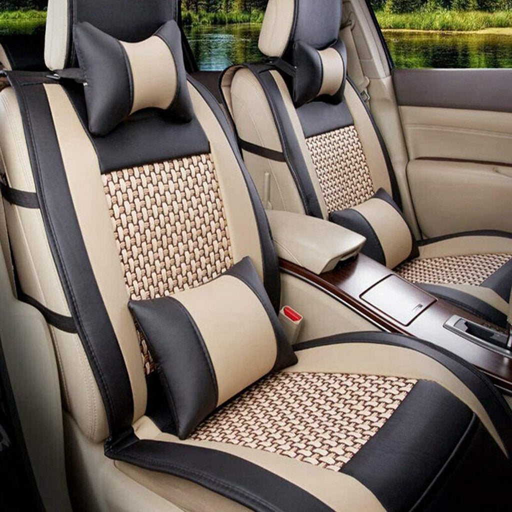 Beige Leather Car Seat Covers 9PCS Full Set Front Rear B66125