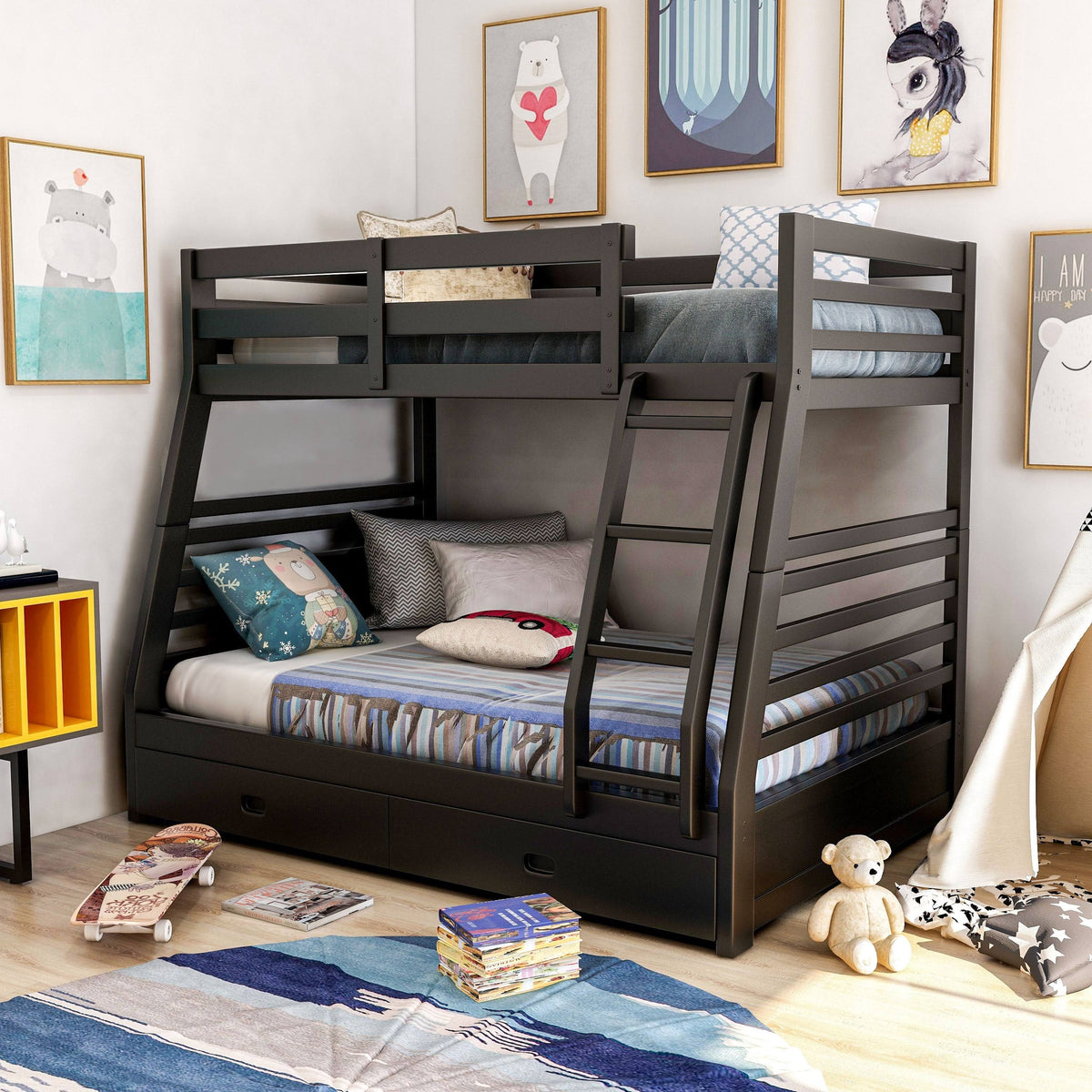 Dark Walnut Solid Wood Bunk Bed Set Q53260