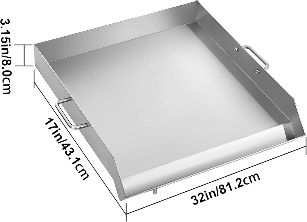 Stainless Steel Griddle 32 X 17 Flat Top Rectangular Plate with 2 Handles and Grease Groove R9424
