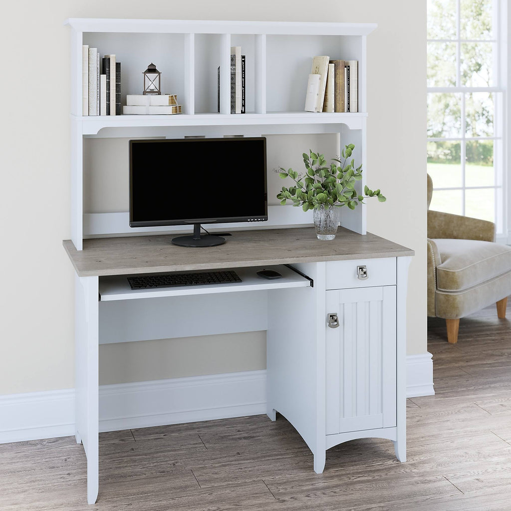 Pure White and Shiplap Gray Small Computer Desk with Hutch G6396