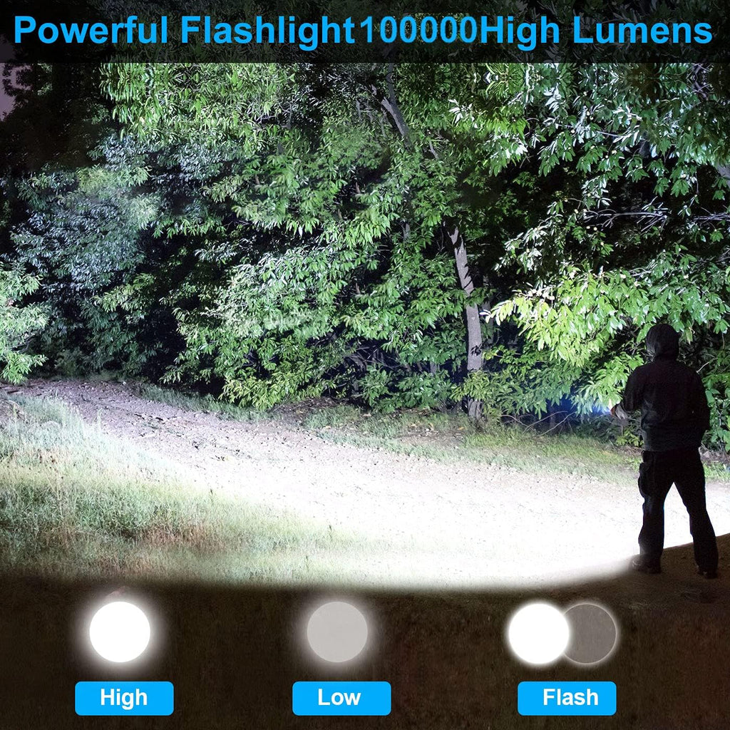 Rechargeable 100000 Lumens Tactical LED Flashlight with 3 Modes, 4 Batteries, Zoomable, IPX5 Waterproof W924