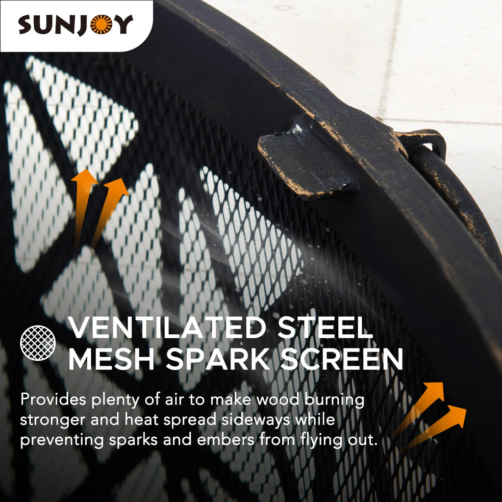 Black Round Steel Outdoor Fire Pit with Spark Screen and Fire Poker L295