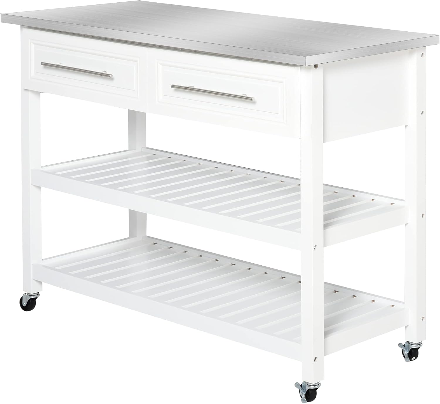 White Stainless Steel Top Kitchen Island Rolling Utility Cart with Drawers & Shelves L336