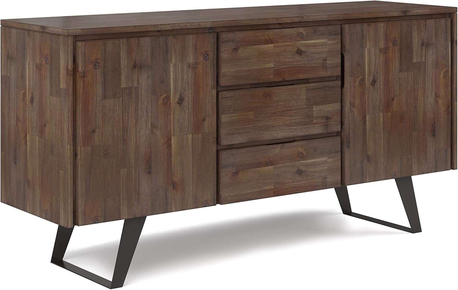 Rustic Natural Aged Brown Solid Acacia Wood and Metal Rectangle Sideboard Buffet with Storage Compartment and 3 Drawers E8801