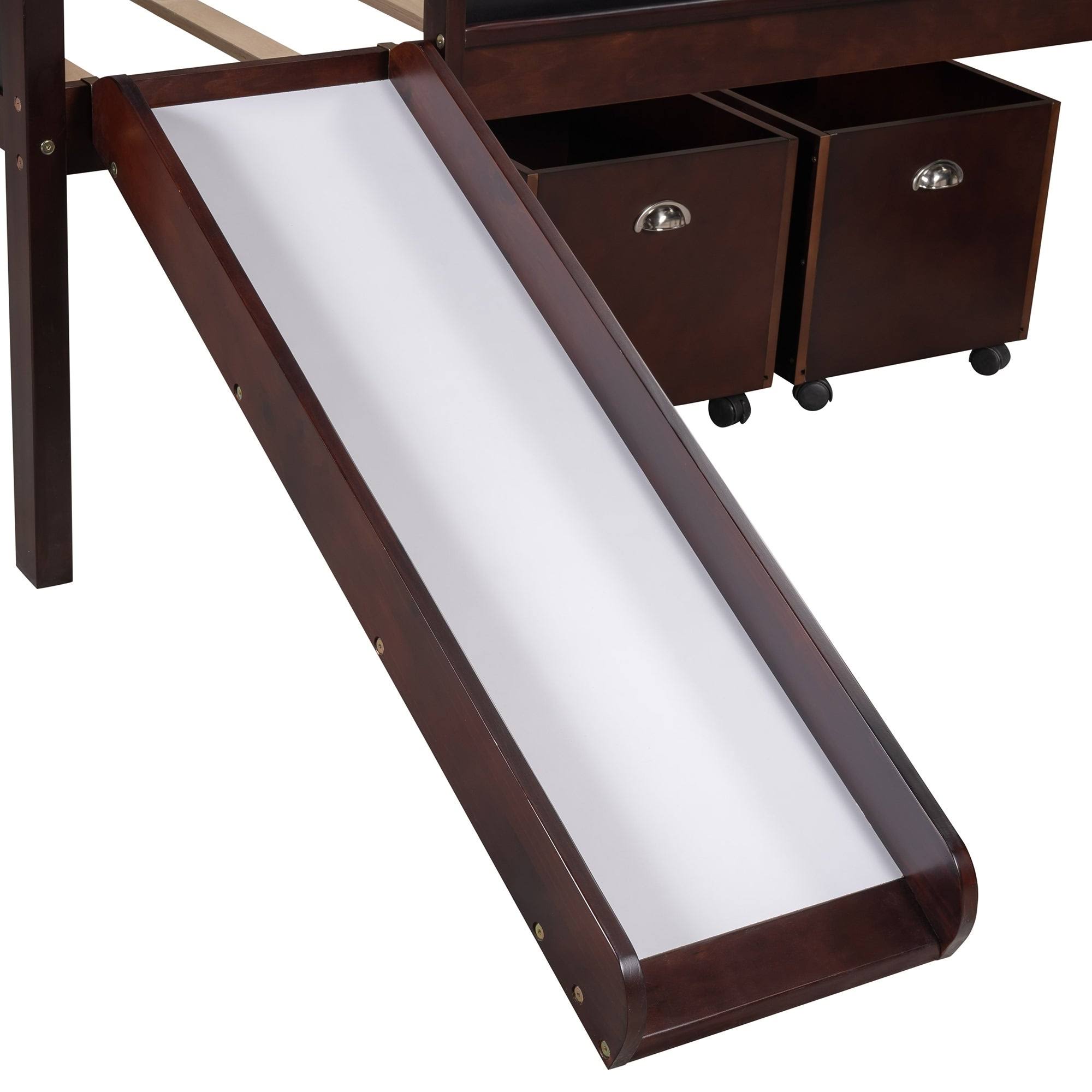 Espresso Pine Wood Twin Loft Bed with 2 Storage Boxes I437
