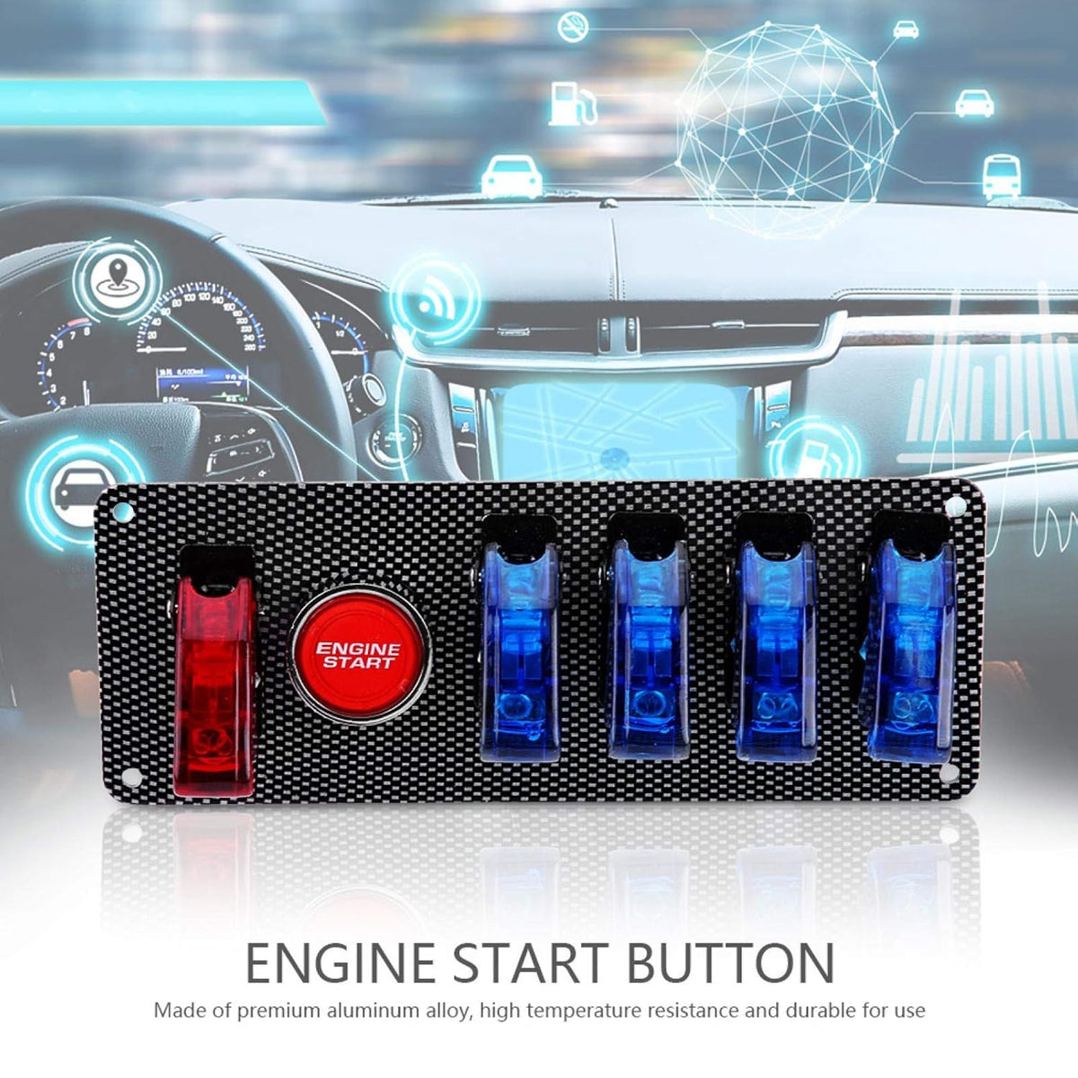 12V Racing Car Ignition Switch Panel with 4 Blue & 1 Red LED Push Button, Pack of 2 H629