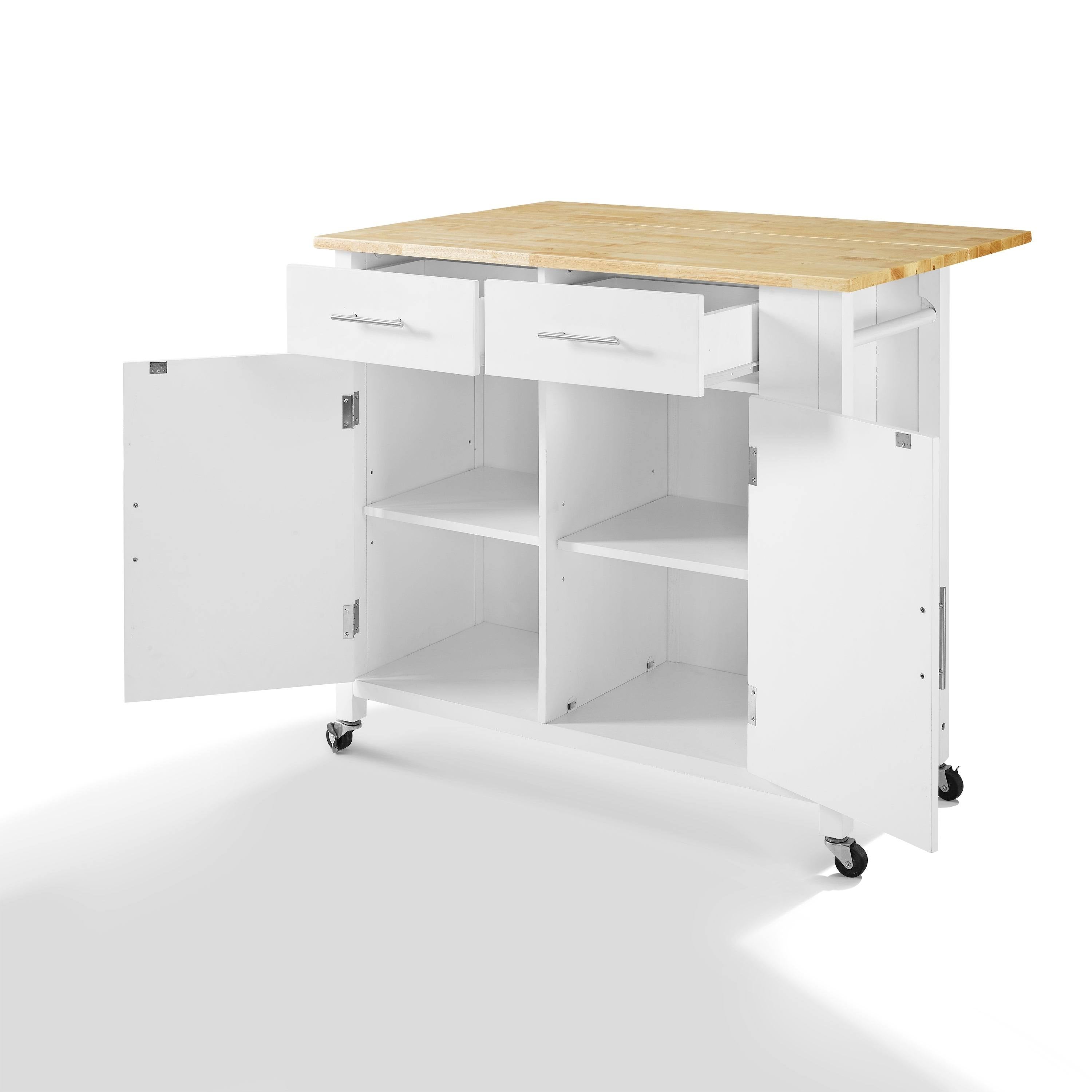 White Natural Wood Top Drop-Leaf Kitchen Island Cart S97335